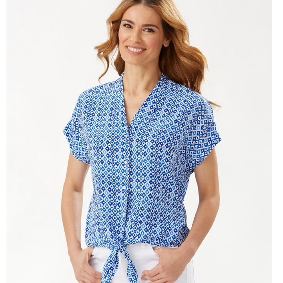 Tommy Bahama 100% Silk Tenali Tiles Knot Waist Button Down Shirt N122-20